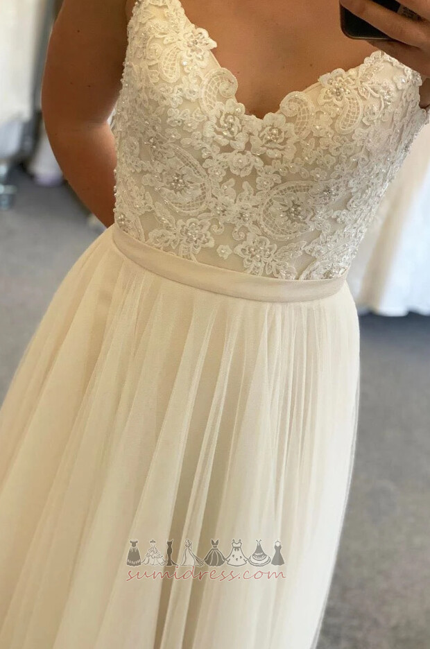 Sügav v-kaelus Põranda pikkus Rida Pits ülekate Tüll Backless Pulmakleit