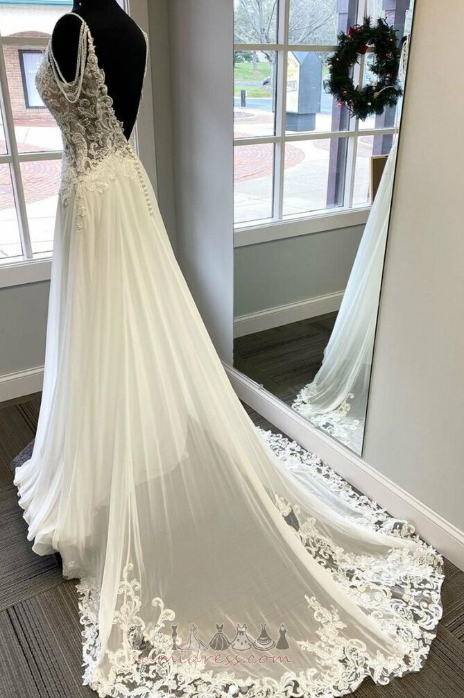Suknia ślubna bez pleców Naturalne talii Bez rękawów Aplikacje Szyfon V-dekolt