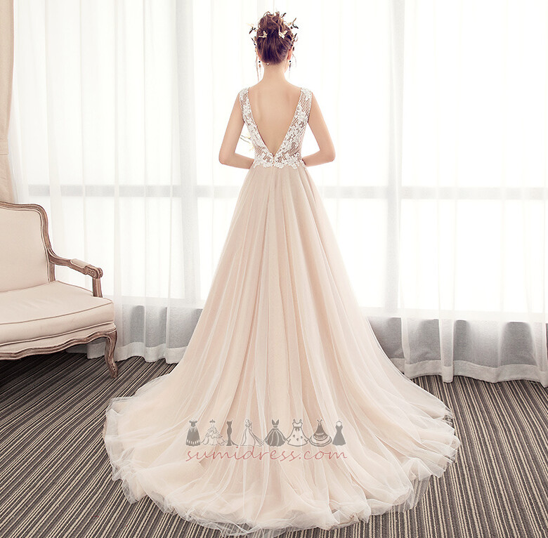 Suknia ślubna bez pleców V-dekolt Bez rękawów Długi Tiul Aplikacje