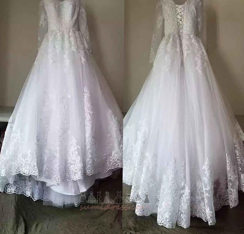 Suknia ślubna jesień Aplikacje Długi sprzedaż V-dekolt Naturalne talii