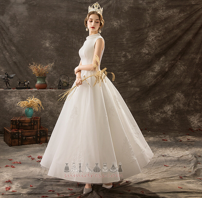 Suknia ślubna Wysoki szyi Aplikacje Długość kostki Bez rękawów na suwak Naturalne talii