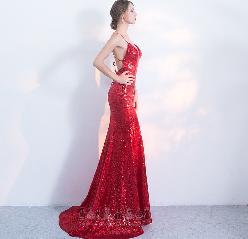 Summer V-Neck Natural Waist Sequined Bodice Floor Length Sweep Train Prom Dress