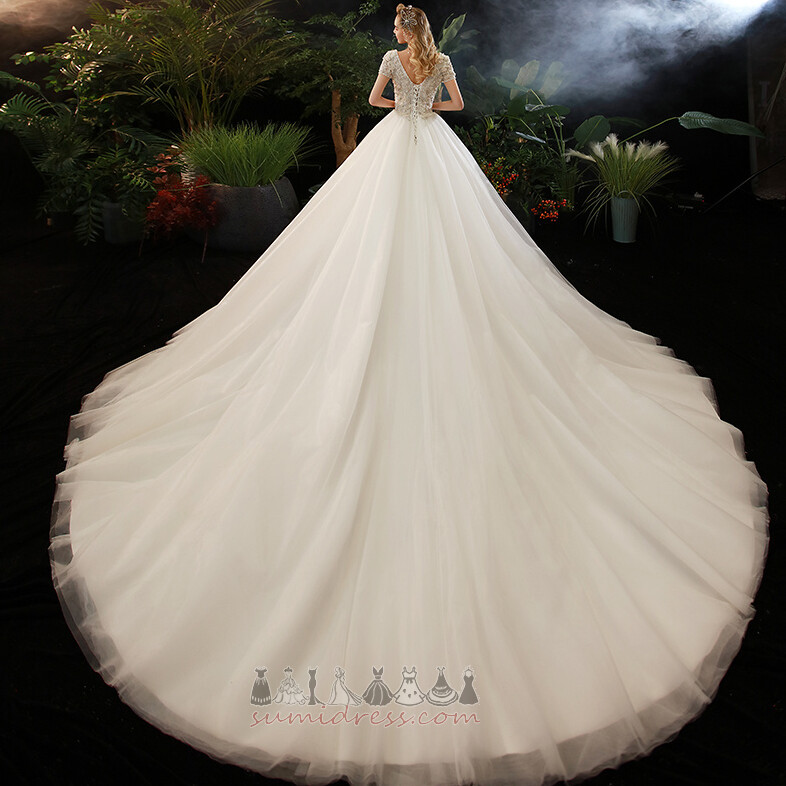 Свадебное платье Короткие рукава многослойный драгоценностями лиф A-линия Природные Талия