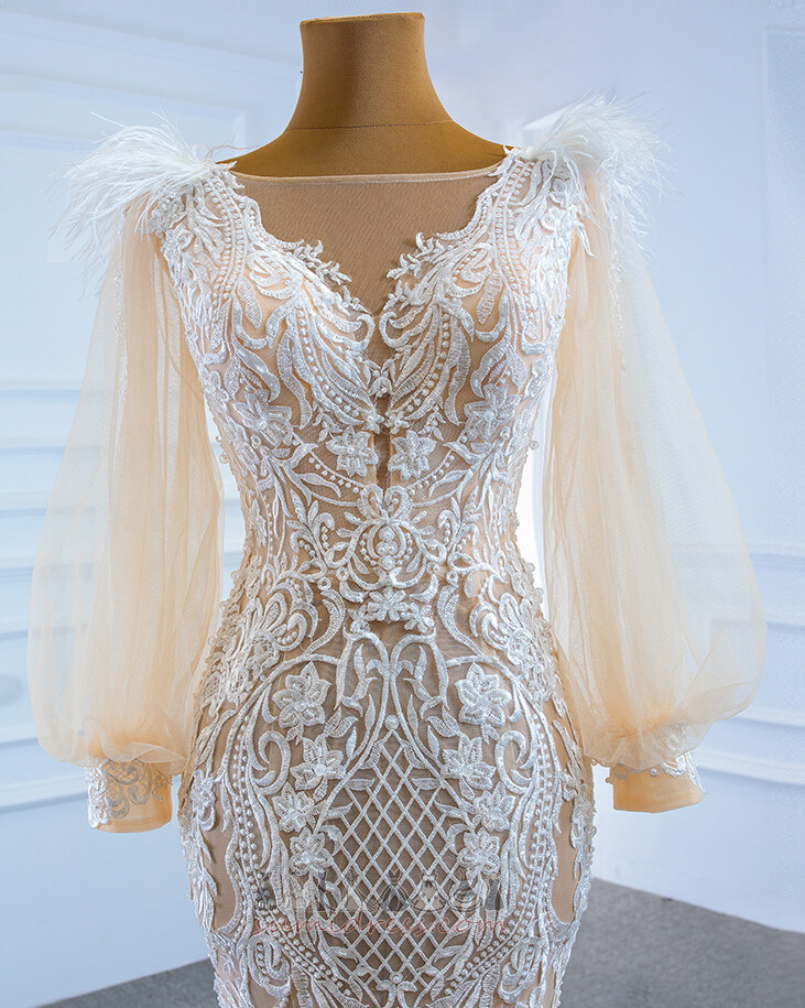 Свадебное платье русалка Long sleeves Глубокий V шеи кружево длинный фонарь