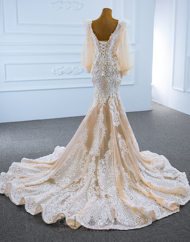 Свадебное платье русалка Long sleeves Глубокий V шеи кружево длинный фонарь