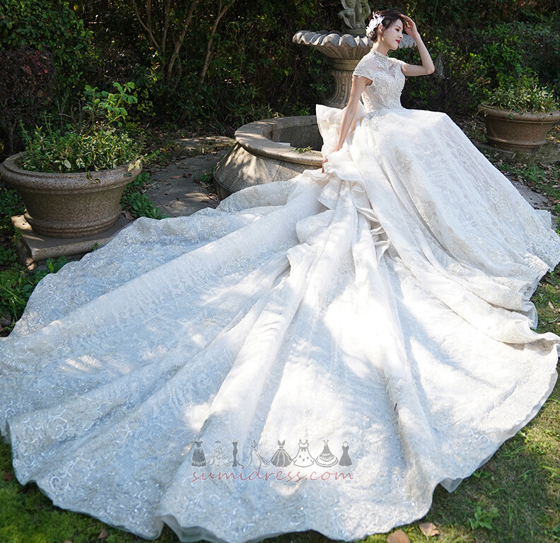 Свадебные платье A-линия весна Короткие рукава Высокая шея Молния вверх Холл