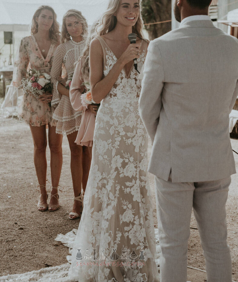 Свадебные платье Оболочка без спинки Без рукавов V-образным вырезом Открытый Романтический