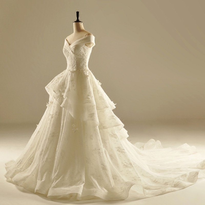 Свадебные платье Органза крышками рукава Короткие рукава Кафедральный шлейф V-образным вырезом