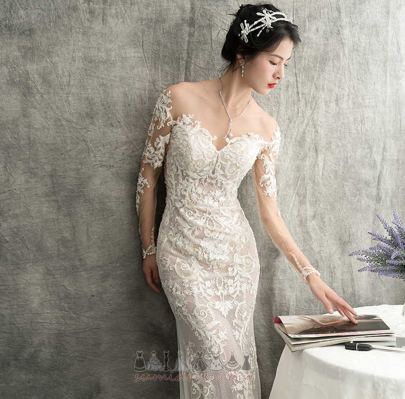 Свадебные платье русалка Кружевной оверлея Аппликации Long sleeves атласная Открытый