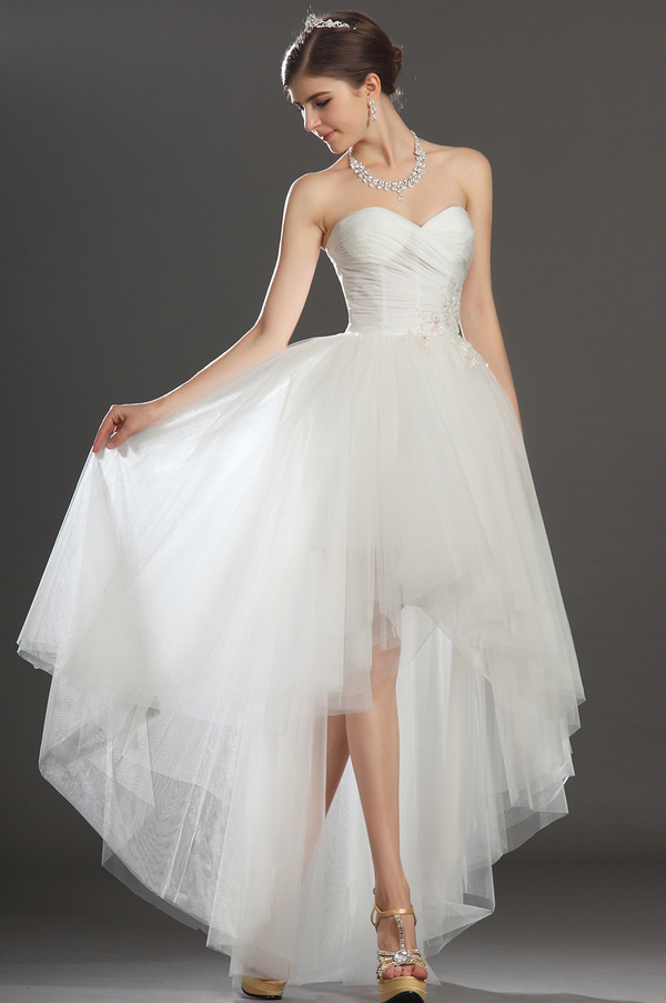Sweep Train Apple Hemline Asymmetrical Pleated Sweetheart Romantic Wedding Dress