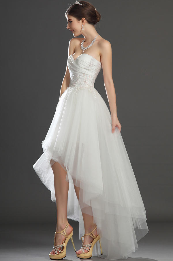 Sweep Train Apple Hemline Asymmetrical Pleated Sweetheart Romantic Wedding Dress