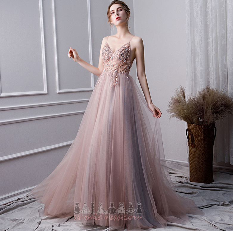 Sweep Train Beading Tulle Spaghetti Straps A-Line Natural Waist Evening Dress