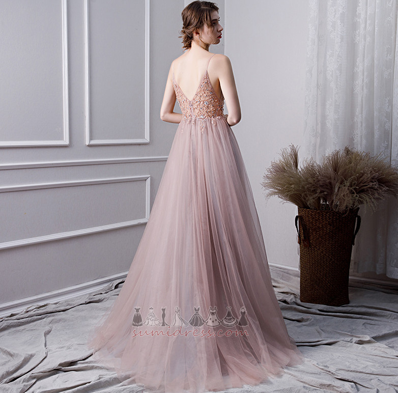 Sweep Train Beading Tulle Spaghetti Straps A-Line Natural Waist Evening Dress