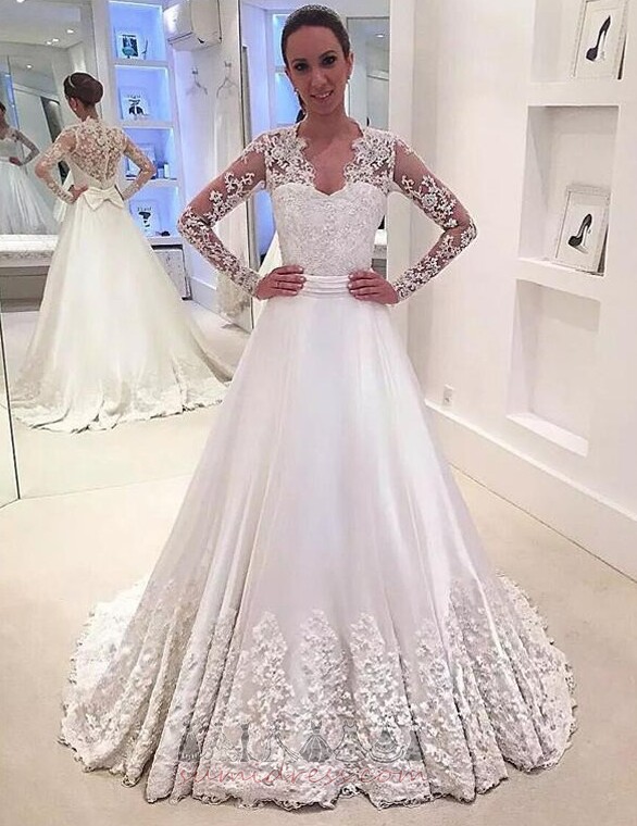 Sweep Train Illusion Sleeves Lace Deep v-Neck Floor Length Elegant Wedding Dress