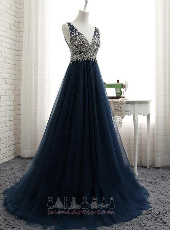 Sweep Train Jewel Bodice Tulle Formal Sleeveless Deep v-Neck Prom gown