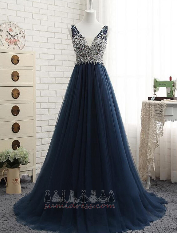 Sweep Train Jewel Bodice Tulle Formal Sleeveless Deep v-Neck Prom gown