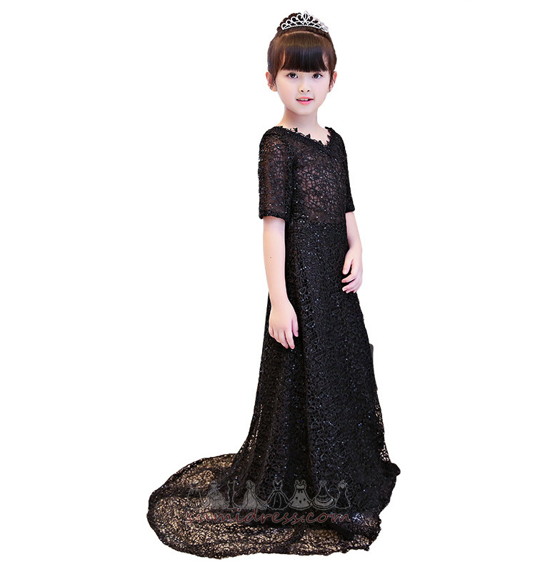 Sweep Train Long T-shirt Short Sleeves Holiday Lace Overlay Flower Girl Dress