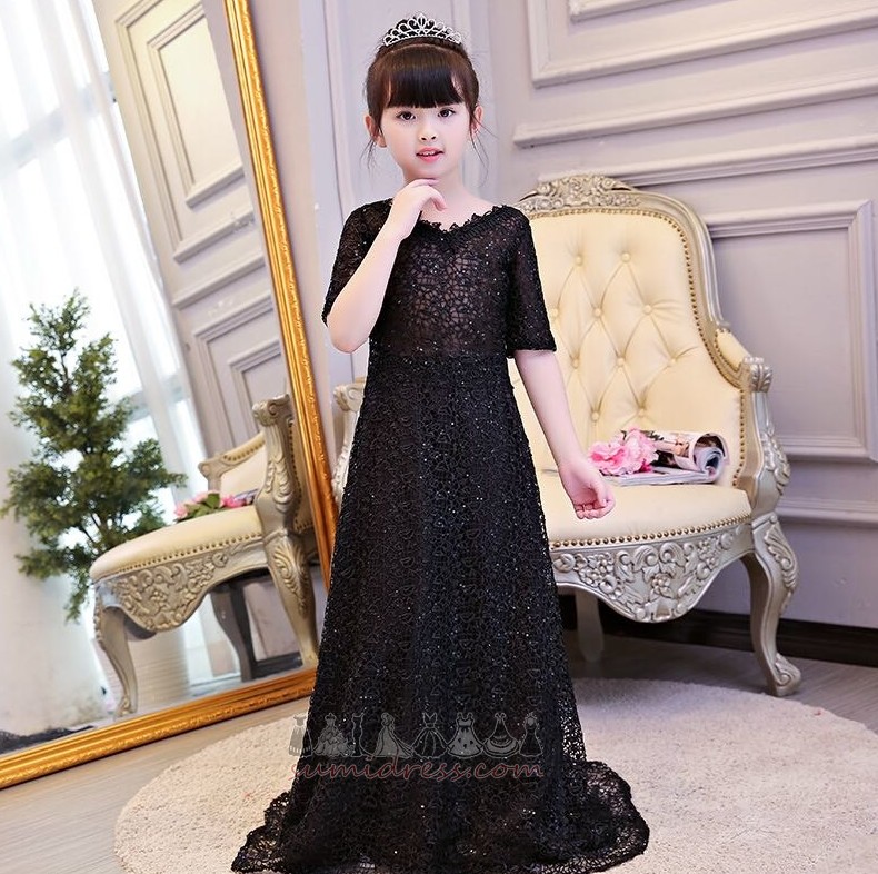 Sweep Train Long T-shirt Short Sleeves Holiday Lace Overlay Flower Girl Dress