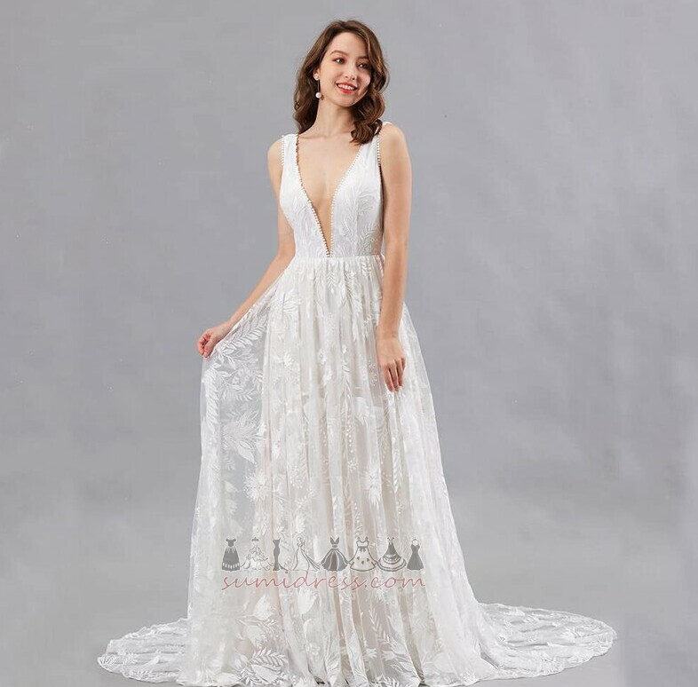 Sweep Train Sleeveless A-Line Natural Waist Deep v-Neck Lace Wedding Dress