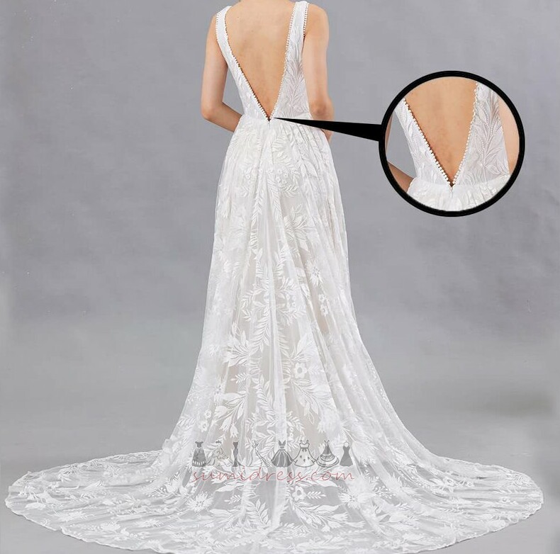 Sweep Train Sleeveless A-Line Natural Waist Deep v-Neck Lace Wedding Dress