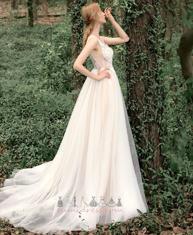 Sweep Train Sleeveless Romantic Tulle Inverted Triangle A-Line Wedding Dress