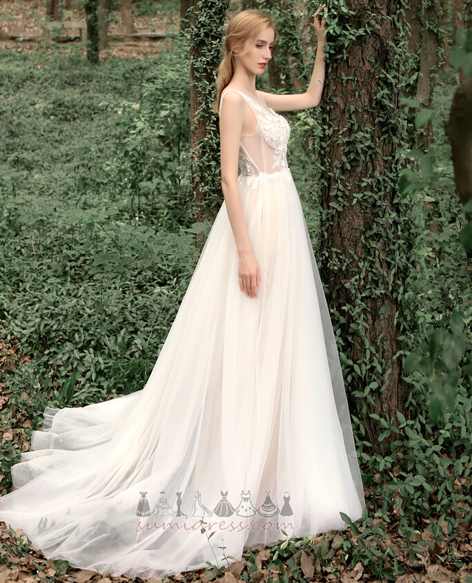 Sweep Train Sleeveless Romantic Tulle Inverted Triangle A-Line Wedding Dress