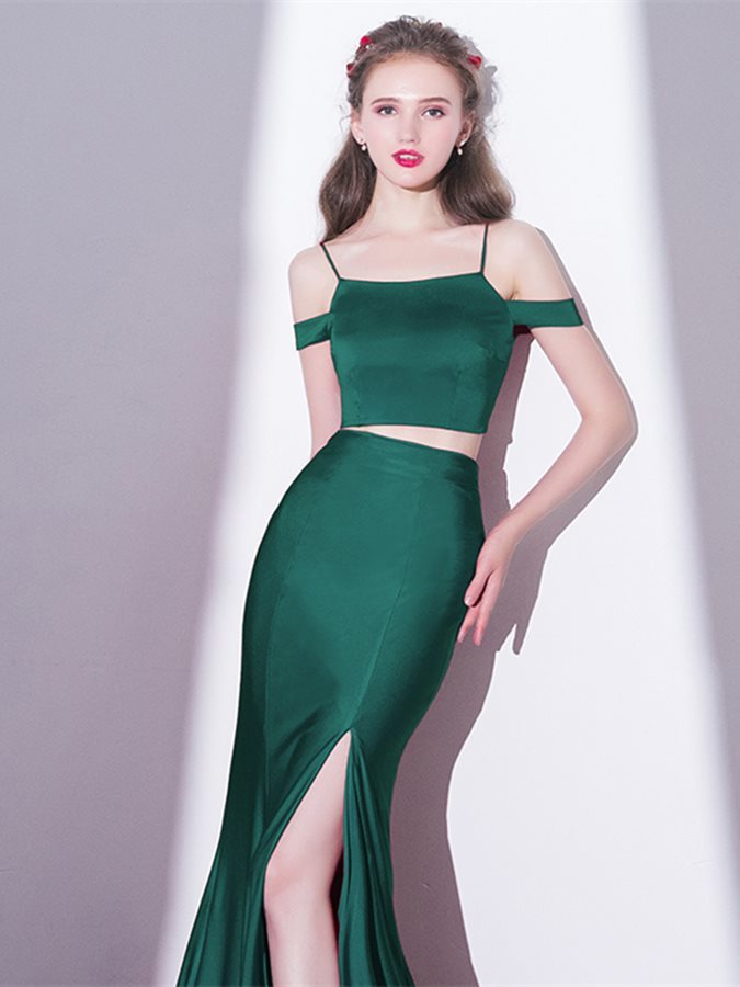 Sweep Train Split Front Sexy Capped Sleeves Two Piece Petite Evening Dress