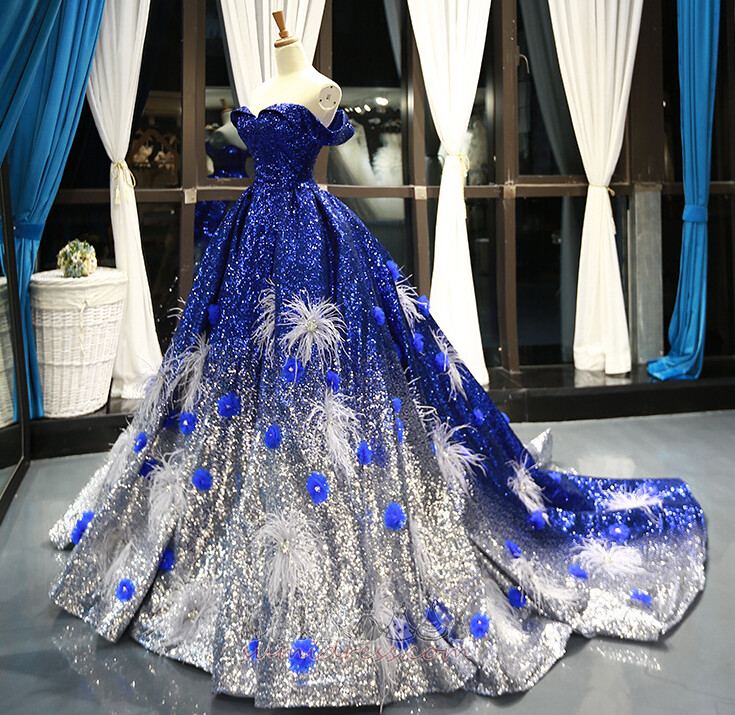 Sweep Train Starry Capped Sleeves Sequined Bodice Long A-Line Prom Dress