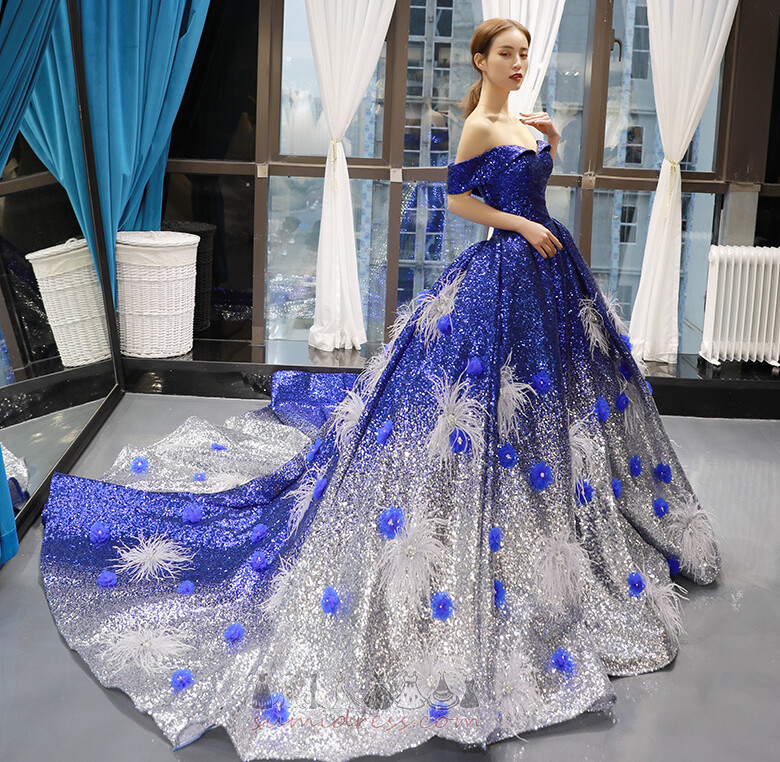 Sweep Train Starry Capped Sleeves Sequined Bodice Long A-Line Prom Dress