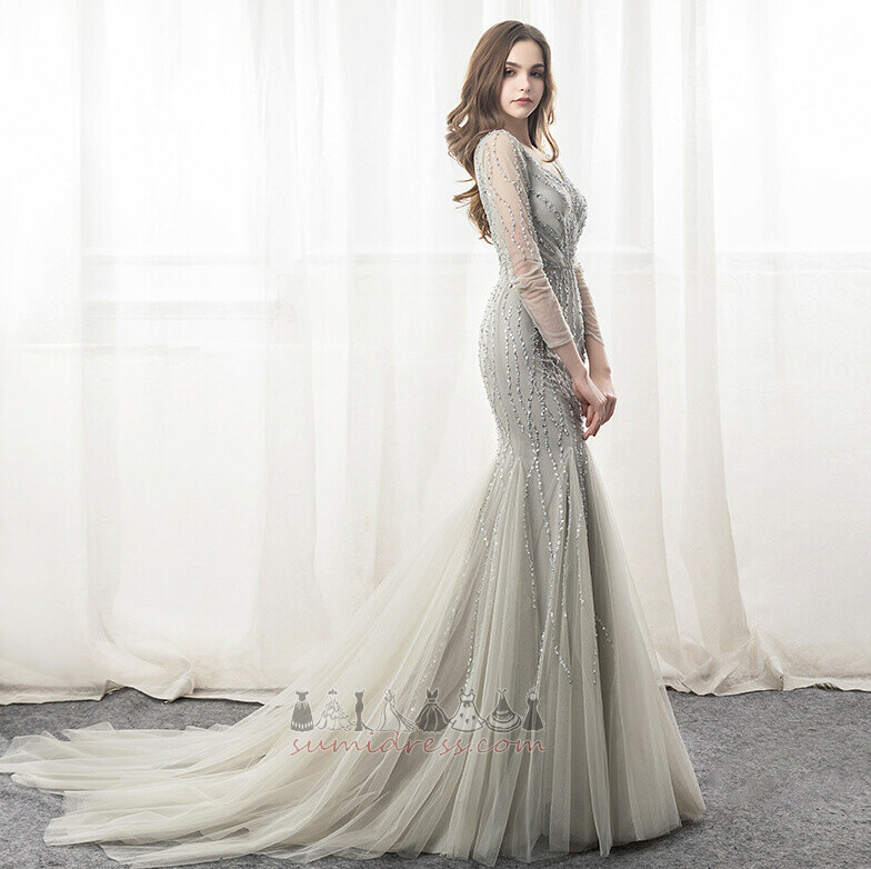 Sweep Train V-Neck Tulle Draped Illusion Sleeves Backless Evening Dress