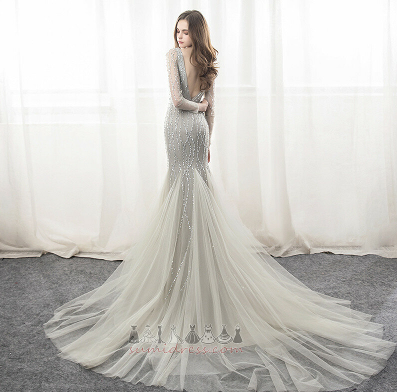 Sweep Train V-Neck Tulle Draped Illusion Sleeves Backless Evening Dress