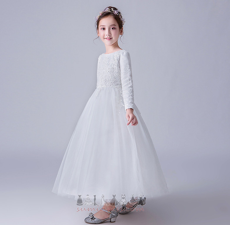 Sweep Train Wedding Jewel Long Sleeves Applique A-Line Flower Girl Dress