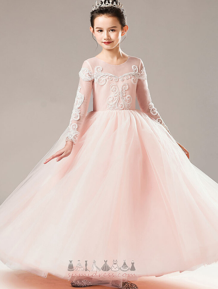 Swing Illusion Sleeves Natural Waist Elegant A-Line Jewel Flower Girl Dress