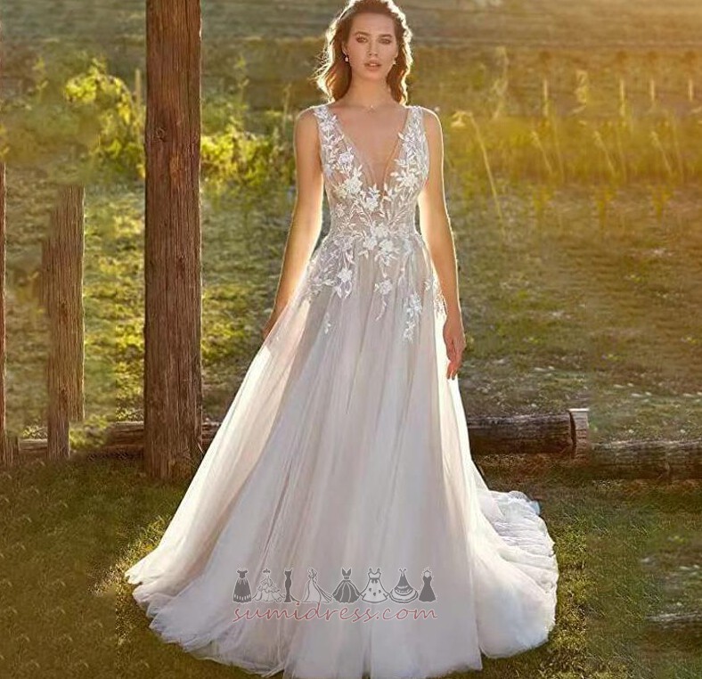 Tilla Appliqués V kakla Piedurknēm Pludmale Nav atpakaļ Kāzu kleita