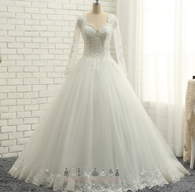 тюль ілюзія рукава Елегантний Босоніжки V-подібним вирізом лінія Весільна сукня