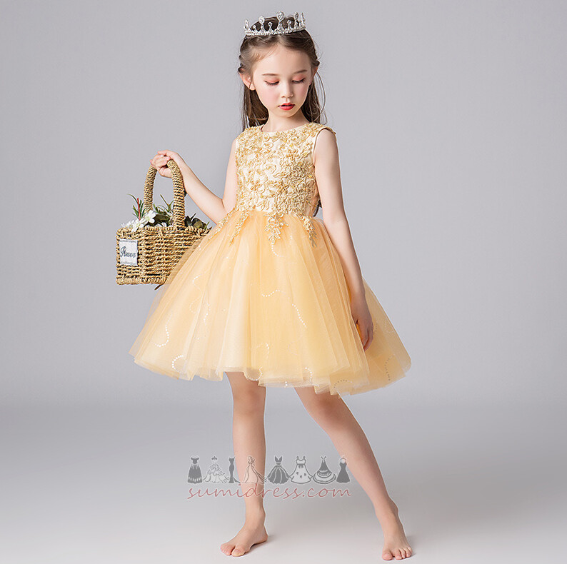 Tül Yaz Aplikler Fermuar yukarıya Doğal belden Kolsuz Küçük kız elbisesi