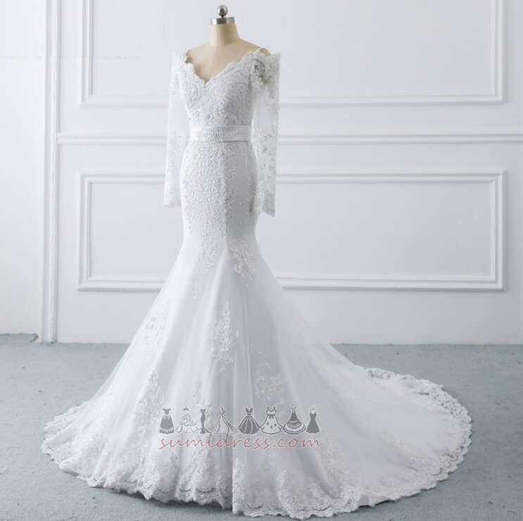 Tüll Durchsichtige Ärmel Luxus Reißverschluss Tiefer V-Ausschnitt Meerjungfrau Brautkleid