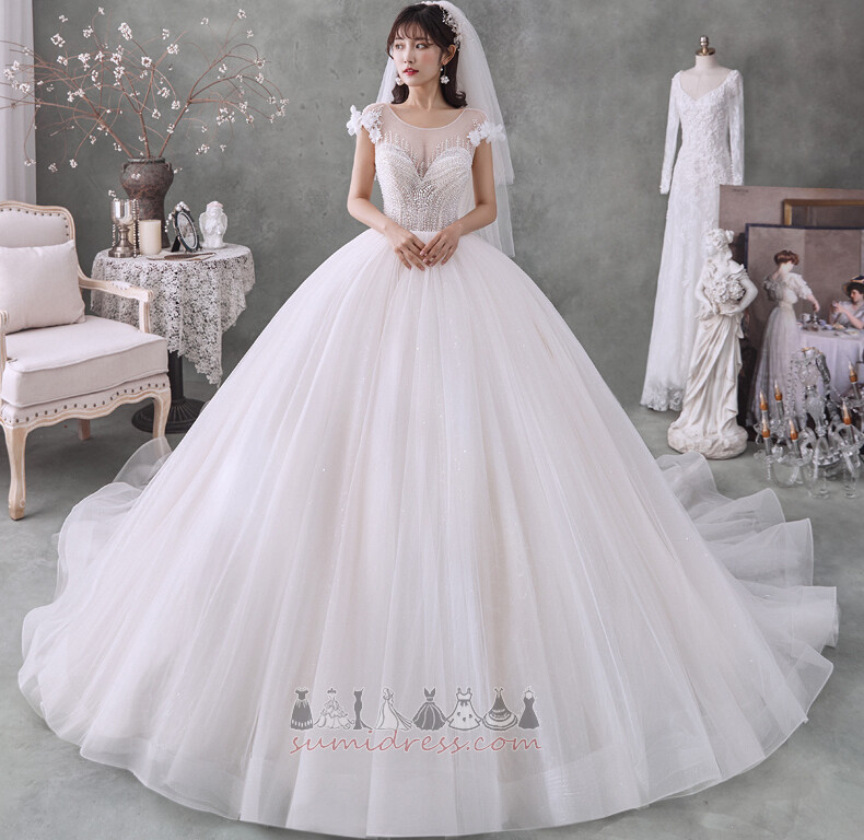 Tulle A-Line Scoop Capped Sleeves Inverted Triangle Long Wedding Dress