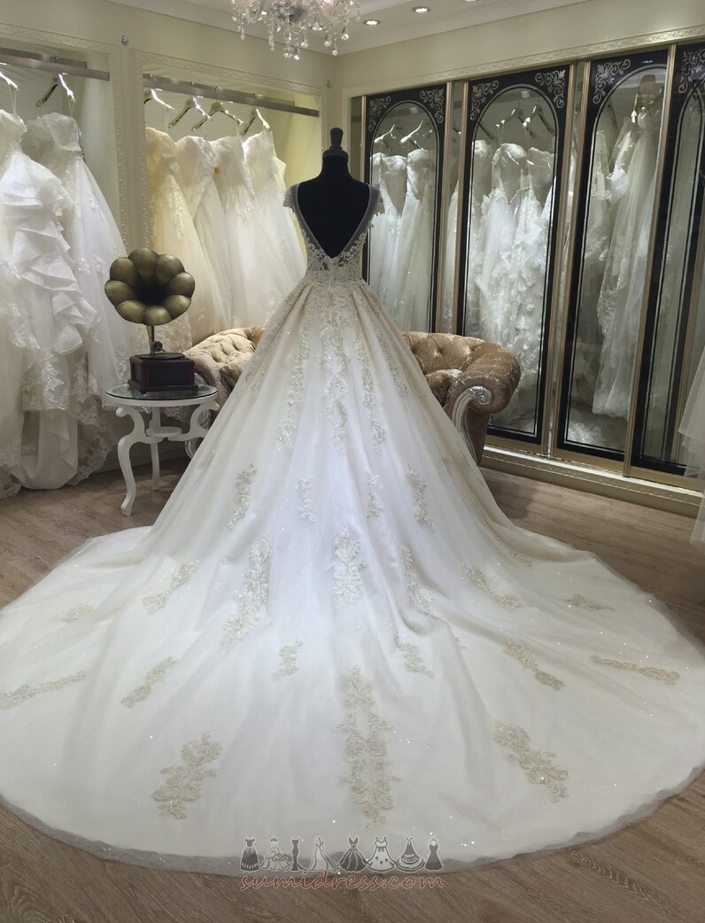 Tulle Bateau Long Applique Spring Princess Wedding Dress