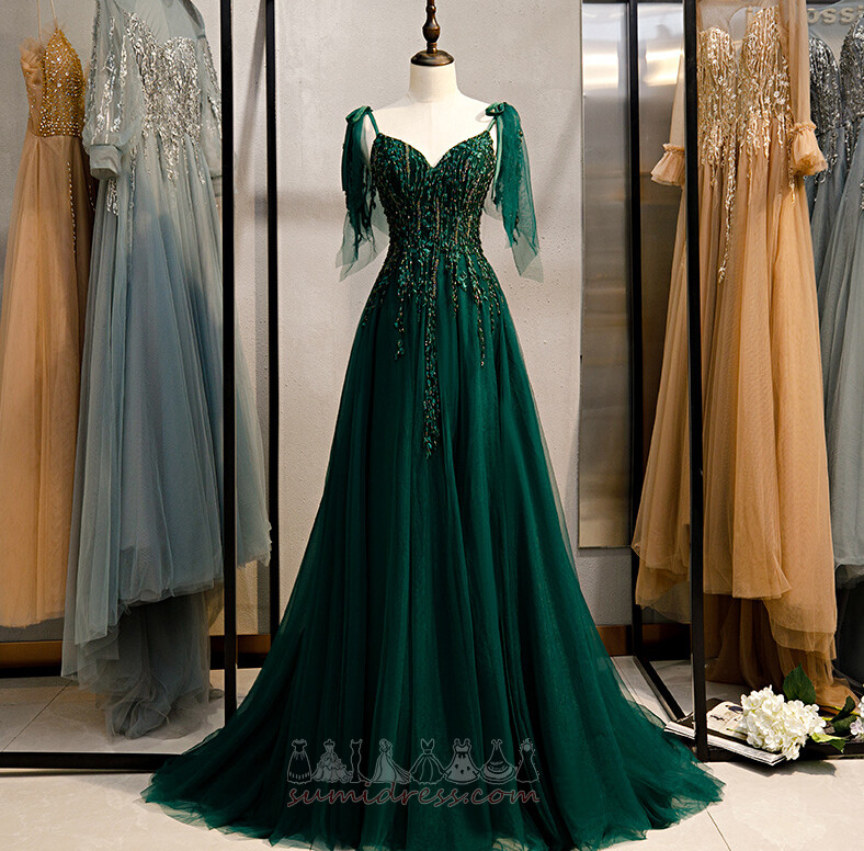 Tulle Beading Lace-up Elegant Sweep Train Sleeveless Evening Dress