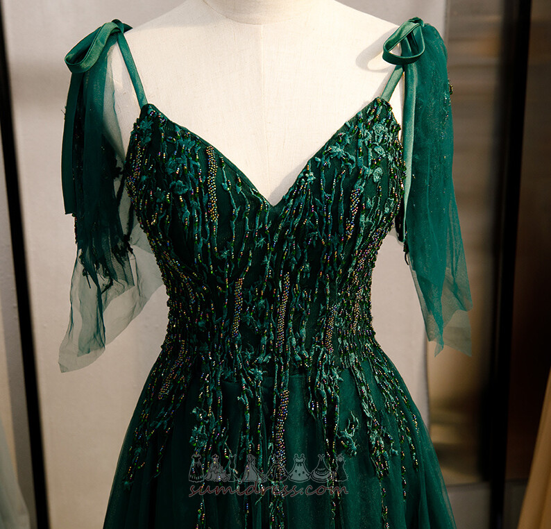 Tulle Beading Lace-up Elegant Sweep Train Sleeveless Evening Dress