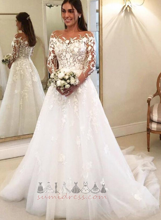 Tulle Elegant Fall A-Line Natural Waist Illusion Sleeves Wedding Dress