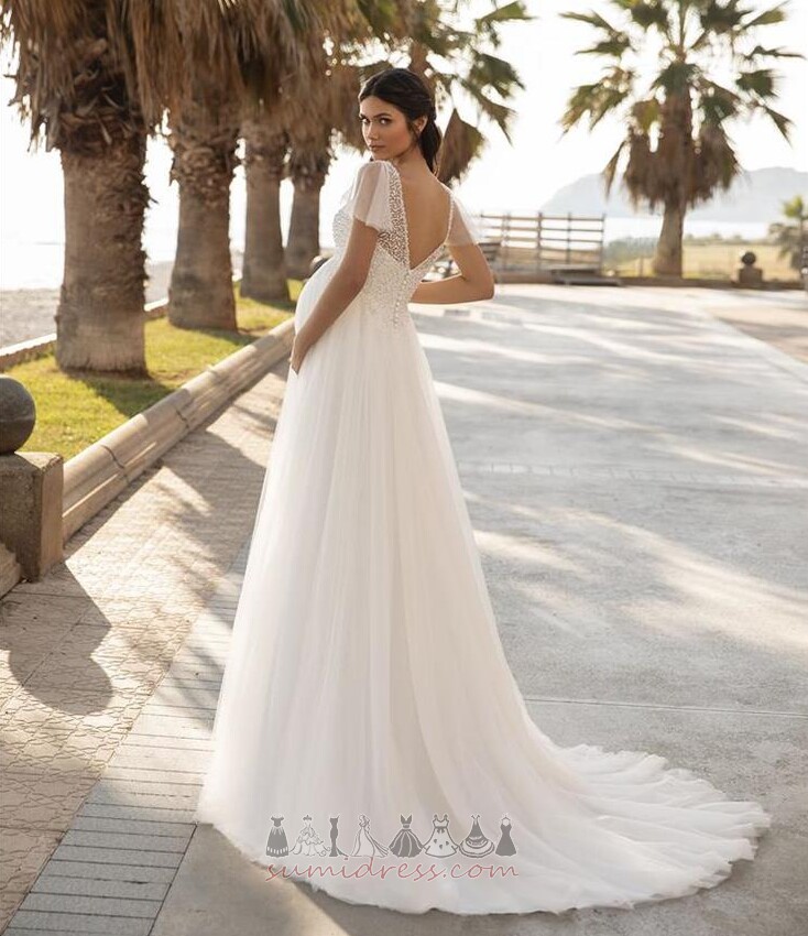 Tulle Elegant Sweep Train Zipper Up Long Natural Waist Wedding Dress