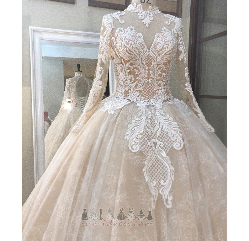 Tulle Formal Lace Overlay Long Sleeves Court Train Mid Back Wedding Dress