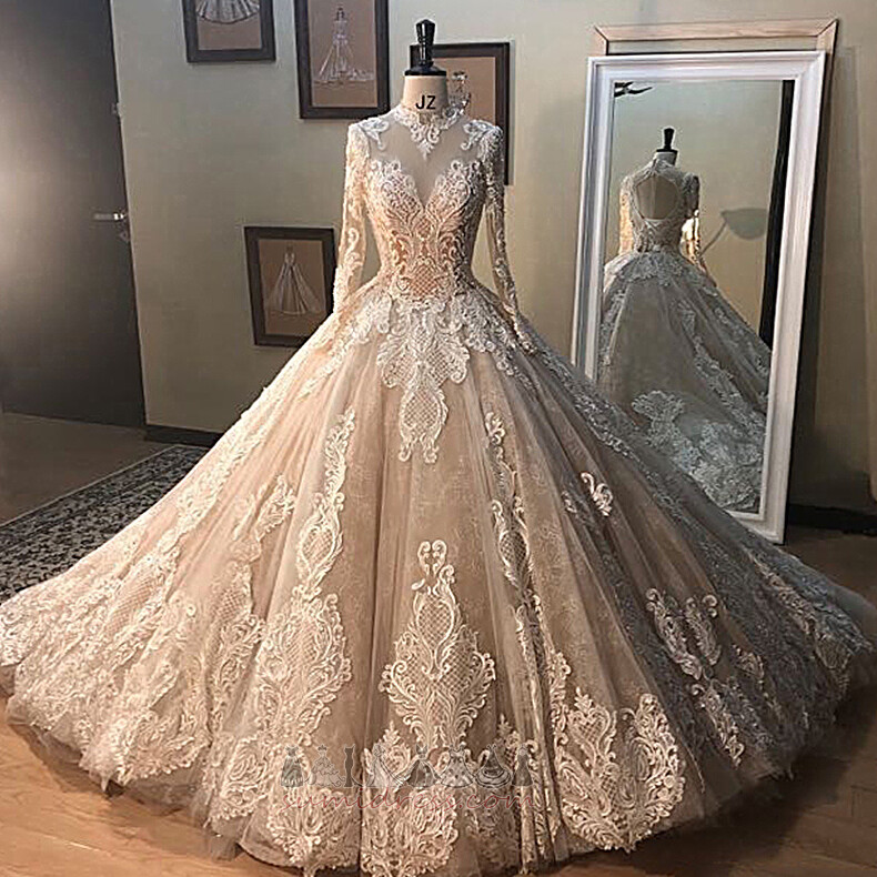 Tulle Formal Lace Overlay Long Sleeves Court Train Mid Back Wedding Dress