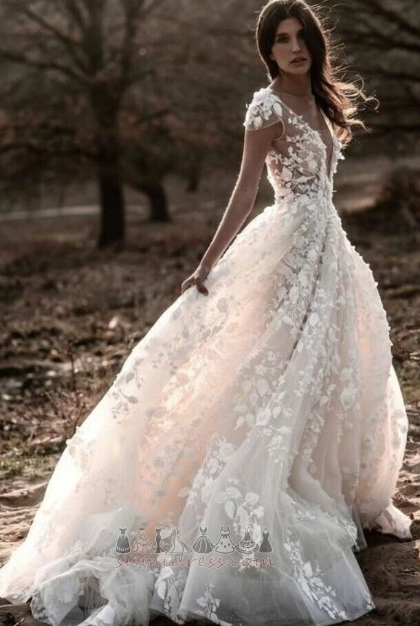 Tulle Summer A-Line Capped Sleeves Outdoor V-Neck Wedding Dress