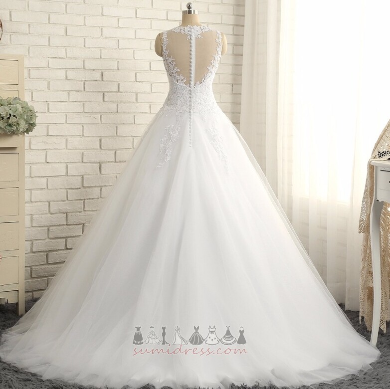 Tulle Vintage Long Sweep Train Sleeveless Applique Wedding Dress