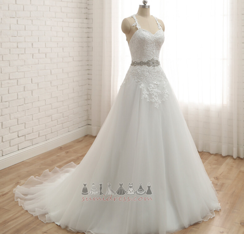 Tyl Elegantné Čipkou Overlay Dlho Prírodné pása S hlbokým výstrihom Svadobné šaty