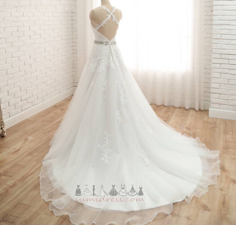 Tyl Elegantné Čipkou Overlay Dlho Prírodné pása S hlbokým výstrihom Svadobné šaty