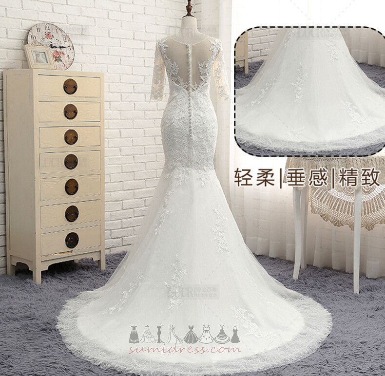 Tyll Natural Midje Havfrue Domstolen Train Lang Kort erme Bryllupskjole